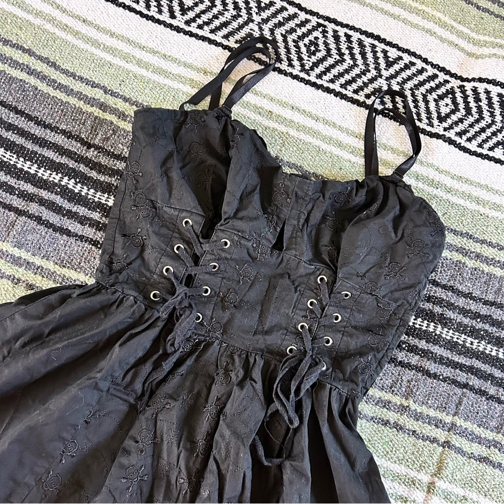 Royal Bones by Daang black cotton eyelet skull embroidered lace up mini dress - Picture 2 of 9